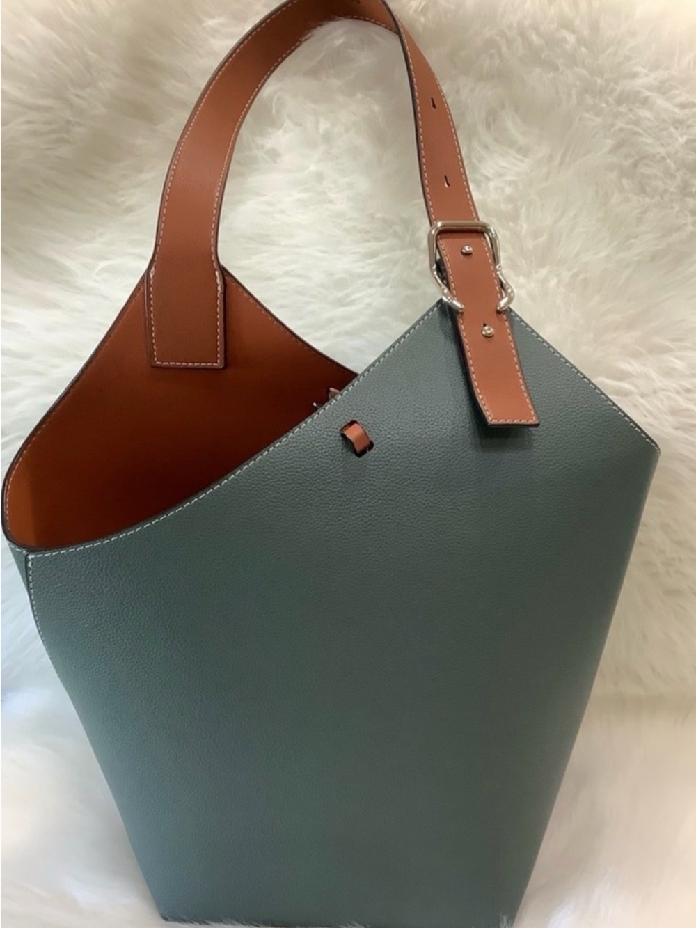 Two-Tone Sage Green and Tan Leather Tote